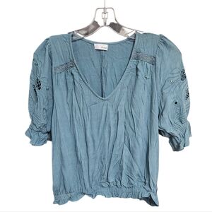 Stony Blue Puff Sleeve Blouse with Eyelet Detail – Size M